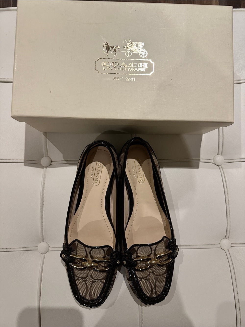 Coach Brown Signature Canvas Loafers with Black Patent Trim and Gold Chain - Picture 2 of 7